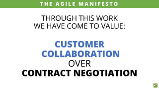 THROUGH THIS WORK
WE HAVE COME TO VALUE:
CUSTOMER
COLLABORATION
OVER
CONTRACT NEGOTIATION
source: www.agilemanifesto.org
T H E A G I L E M A N I F E S T O
 