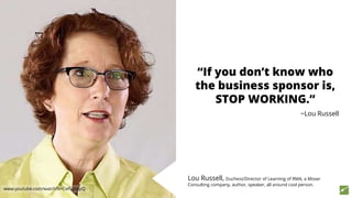 “If you don’t know who
the business sponsor is,
STOP WORKING.”
−Lou Russell
Lou Russell, Duchess/Director of Learning of RMA, a Moser
Consulting company, author, speaker, all around cool person.
www.youtube.com/watch?v=CelfujiqqiQ
 