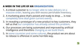 A WEEK IN THE LIFE OF AN ORGANIZATION:
1. A critical customer is no longer able to take delivery on a
massive order, leaving you with excess perishable inventory.
2. A marketing piece that’s poised and ready to drop …. is now
completely tone deaf given current events.
3. In revealing a prototype of a new product to key customers, they
tell us that our competitor has already solved this problem.
4. Our processes are being automated and improved by artificial
intelligence and therefore changing as we build them.
5. In some countries and some cultures, the product we are about
to release is offensive in some horrible way.
 
