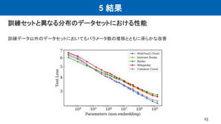 5 結果
訓練セットと異なる分布のデータセットにおける性能
15
訓練データ以外のデータセットにおいてもパラメータ数の推移とともに滑らかな改善
 