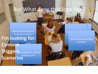 But What does that look like?


      How does the teacher    What examples do they
       set up the activity?           use?
I’m looking for:                 What does the setting
                                      look like?
Context
Triggers questions do the
       What
          students ask?
Scenarios
 
