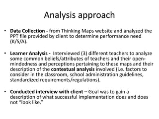 Analysis approach
• Data Collection - from Thinking Maps website and analyzed the
  PPT file provided by client to determine performance need
  (K/S/A).

• Learner Analysis - Interviewed (3) different teachers to analyze
  some common beliefs/attributes of teachers and their open-
  mindedness and perceptions pertaining to these maps and their
  description of the contextual analysis involved (i.e. factors to
  consider in the classroom, school administration guidelines,
  standardized requirements/regulations).

• Conducted interview with client – Goal was to gain a
  description of what successful implementation does and does
  not “look like.”
 