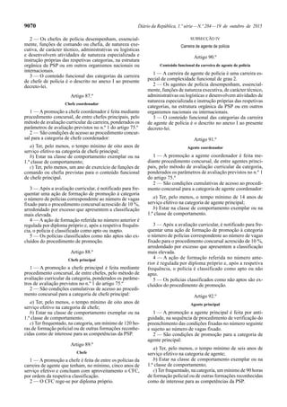 9070 Diário da República, 1.ª série—N.º 204—19 de outubro de 2015
2 — Os chefes de polícia desempenham, essencial-
mente, funções de comando ou chefia, de natureza exe-
cutiva, de carácter técnico, administrativas ou logísticas
e desenvolvem atividades de natureza especializada e
instrução próprias das respetivas categorias, na estrutura
orgânica da PSP ou em outros organismos nacionais ou
internacionais.
3 — O conteúdo funcional das categorias da carreira
de chefe de polícia é o descrito no anexo I ao presente
decreto-lei.
Artigo 87.º
Chefe coordenador
1 — A promoção a chefe coordenador é feita mediante
procedimento concursal, de entre chefes principais, pelo
método de avaliação curricular da carreira, ponderados os
parâmetros de avaliação previstos no n.º 1 do artigo 75.º
2 — São condições de acesso ao procedimento concur-
sal para a categoria de chefe coordenador:
a) Ter, pelo menos, o tempo mínimo de oito anos de
serviço efetivo na categoria de chefe principal;
b) Estar na classe de comportamento exemplar ou na
1.ª classe de comportamento;
c) Ter, pelo menos, um ano de exercício de funções de
comando ou chefia previstas para o conteúdo funcional
de chefe principal.
3 — Após a avaliação curricular, é notificado para fre-
quentar uma ação de formação de promoção à categoria
o número de polícias correspondente ao número de vagas
fixado para o procedimento concursal acrescido de 10 %,
arredondado por excesso que apresentem a classificação
mais elevada.
4 — A ação de formação referida no número anterior é
regulada por diploma próprio e, após a respetiva frequên-
cia, o polícia é classificado como apto ou inapto.
5 — Os polícias classificados como não aptos são ex-
cluídos do procedimento de promoção.
Artigo 88.º
Chefe principal
1 — A promoção a chefe principal é feita mediante
procedimento concursal, de entre chefes, pelo método de
avaliação curricular da categoria, ponderados os parâme-
tros de avaliação previstos no n.º 1 do artigo 75.º
2 — São condições cumulativas de acesso ao procedi-
mento concursal para a categoria de chefe principal:
a) Ter, pelo menos, o tempo mínimo de oito anos de
serviço efetivo na categoria de chefe;
b) Estar na classe de comportamento exemplar ou na
1.ª classe de comportamento;
c) Ter frequentado, na categoria, um mínimo de 120 ho-
ras de formação policial ou de outras formações reconhe-
cidas como de interesse para as competências da PSP.
Artigo 89.º
Chefe
1 — A promoção a chefe é feita de entre os polícias da
carreira de agente que tenham, no mínimo, cinco anos de
serviço efetivo e concluam com aproveitamento o CFC,
por ordem da respetiva classificação.
2 — O CFC rege-se por diploma próprio.
SUBSECÇÃO IV
Carreira de agente de polícia
Artigo 90.º
Conteúdo funcional da carreira de agente de polícia
1 — A carreira de agente de polícia é uma carreira es-
pecial de complexidade funcional de grau 2.
2 — Os agentes de polícia desempenham, essencial-
mente, funções de natureza executiva, de carácter técnico,
administrativas ou logísticas e desenvolvem atividades de
natureza especializada e instrução próprias das respetivas
categorias, na estrutura orgânica da PSP ou em outros
organismos nacionais ou internacionais.
3 — O conteúdo funcional das categorias da carreira
de agente de polícia é o descrito no anexo I ao presente
decreto-lei.
Artigo 91.º
Agente coordenador
1 — A promoção a agente coordenador é feita me-
diante procedimento concursal, de entre agentes princi-
pais, pelo método de avaliação curricular da categoria,
ponderados os parâmetros de avaliação previstos no n.º 1
do artigo 75.º
2 — São condições cumulativas de acesso ao procedi-
mento concursal para a categoria de agente coordenador:
a) Ter, pelo menos, o tempo mínimo de 14 anos de
serviço efetivo na categoria de agente principal;
b) Estar na classe de comportamento exemplar ou na
1.ª classe de comportamento.
3 — Após a avaliação curricular, é notificado para fre-
quentar uma ação de formação de promoção à categoria
o número de polícias correspondente ao número de vagas
fixado para o procedimento concursal acrescido de 10 %,
arredondado por excesso que apresentem a classificação
mais elevada.
4 — A ação de formação referida no número ante-
rior é regulada por diploma próprio e, após a respetiva
frequência, o polícia é classificado como apto ou não
apto.
5 — Os polícias classificados como não aptos são ex-
cluídos do procedimento de promoção.
Artigo 92.º
Agente principal
1 — A promoção a agente principal é feita por anti-
guidade, na sequência de procedimento de verificação do
preenchimento das condições fixadas no número seguinte
e sujeito ao número de vagas fixado.
2 — São condições de promoção para a categoria de
agente principal:
a) Ter, pelo menos, o tempo mínimo de seis anos de
serviço efetivo na categoria de agente;
b) Estar na classe de comportamento exemplar ou na
1.ª classe de comportamento;
c) Ter frequentado, na categoria, um mínimo de 90 horas
de formação policial ou de outras formações reconhecidas
como de interesse para as competências da PSP.
 