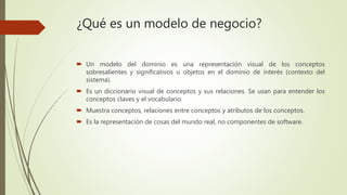 ¿Qué es un modelo de negocio?
 Un modelo del dominio es una representación visual de los conceptos
sobresalientes y significativos u objetos en el dominio de interés (contexto del
sistema).
 Es un diccionario visual de conceptos y sus relaciones. Se usan para entender los
conceptos claves y el vocabulario.
 Muestra conceptos, relaciones entre conceptos y atributos de los conceptos.
 Es la representación de cosas del mundo real, no componentes de software.
 