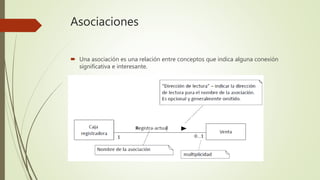 Asociaciones
 Una asociación es una relación entre conceptos que indica alguna conexión
significativa e interesante.
 