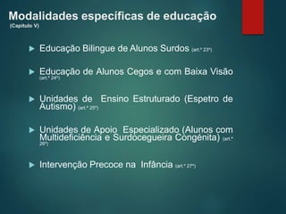 Modalidades específicas de educação
(Capítulo V)
 Educação Bilingue de Alunos Surdos (art.º 23º)
 Educação de Alunos Cegos e com Baixa Visão
(art.º 24º)
 Unidades de Ensino Estruturado (Espetro de
Autismo) (art.º 25º)
 Unidades de Apoio Especializado (Alunos com
Multideficiência e Surdocegueira Congénita) (art.º
26º)
 Intervenção Precoce na Infância (art.º 27º)
 