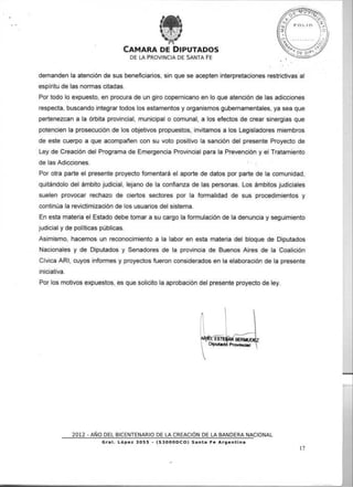 PROYECTO DE LEY PROGRAMA DE EMERGENCIA PROVINCIAL PARA LA PREVENCION DE ADICCIONES       SALUD Y ASISTENCIA SOCIAL