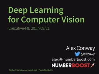 Deep Learning
for Computer Vision
Executive-ML 2017/09/21
Neither Proprietary nor Confidential – Please Distribute ;)
Alex Conway
alex @ numberboost.com
@alxcnwy
 