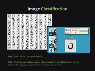 Image Classification
5
http://yann.lecun.com/exdb/mnist/
https://github.com/fchollet/keras/blob/master/examples/mnist_cnn.py
(99.25% test accuracy in 192 seconds and 70 lines of code)
 