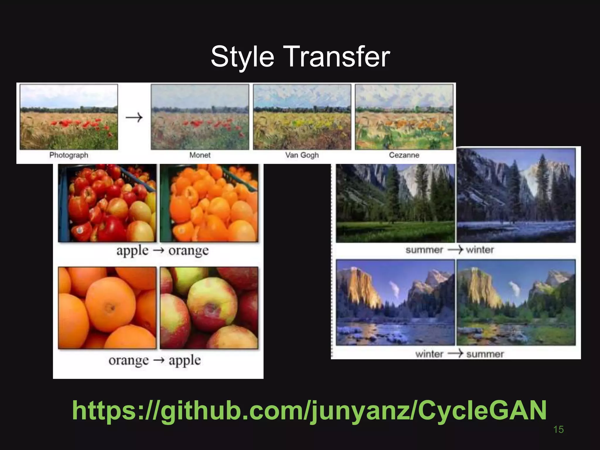 Style Transfer https://github.com/junyanz/CycleGAN 15 