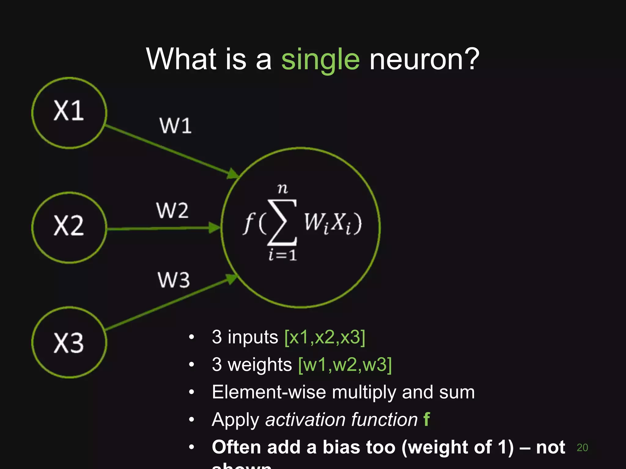 What is a single neuron? 20 • 3 inputs [x1,x2,x3] • 3 weights [w1,w2,w3] • Element-wise multiply and sum • Apply activation function f • Often add a bias too (weight of 1) – not 