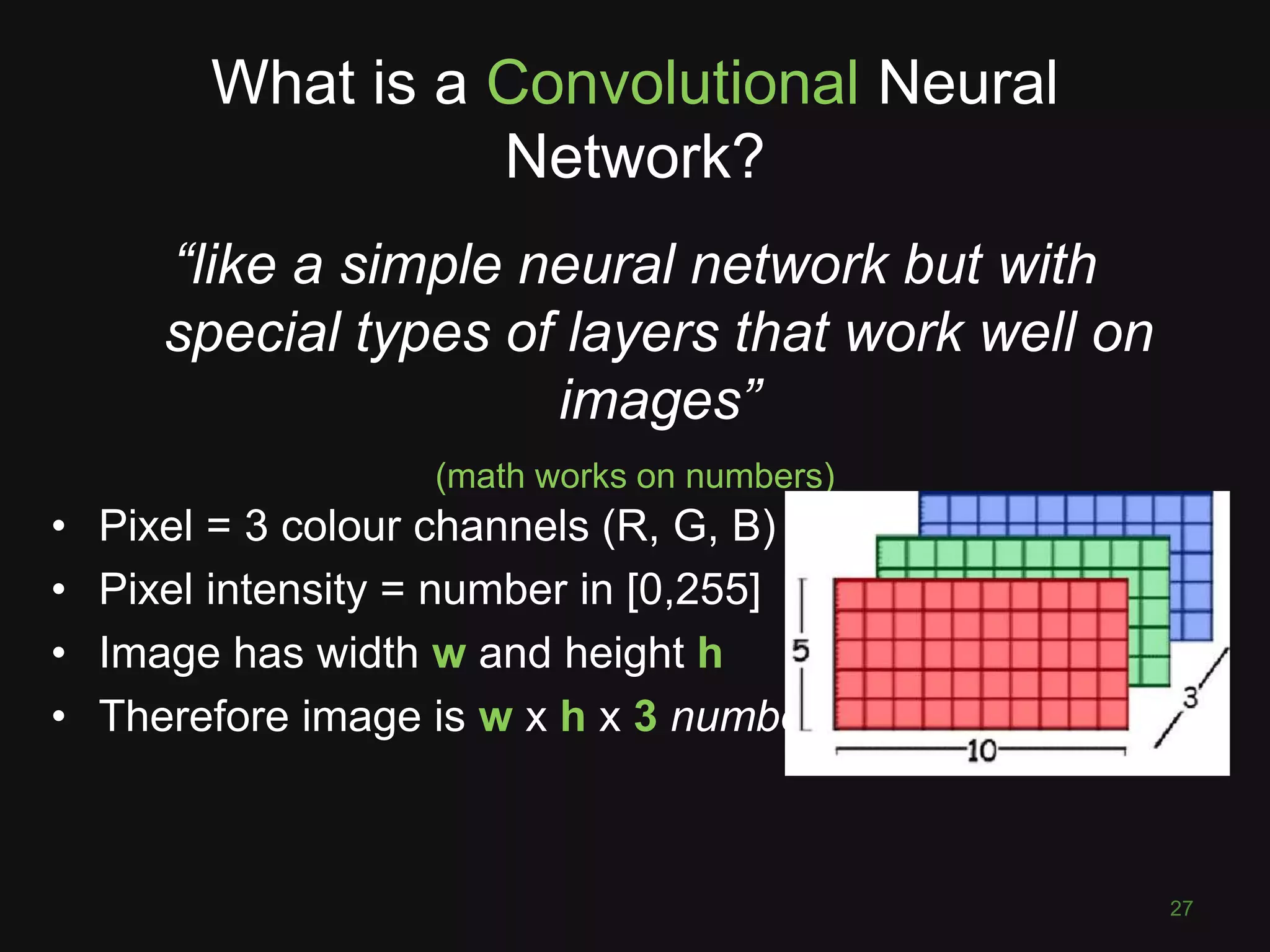 What is a Convolutional Neural Network? 27 “like a simple neural network but with special types of layers that work well on images” (math works on numbers) • Pixel = 3 colour channels (R, G, B) • Pixel intensity = number in [0,255] • Image has width w and height h • Therefore image is w x h x 3 numbers 