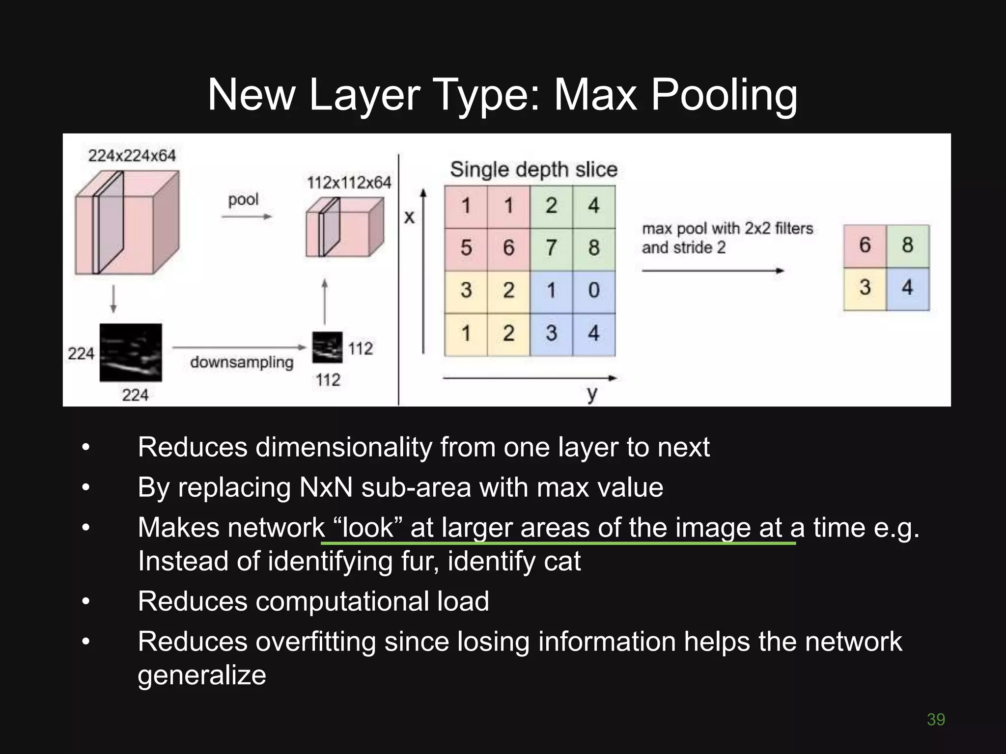 New Layer Type: Max Pooling • Reduces dimensionality from one layer to next • By replacing NxN sub-area with max value • Makes network “look” at larger areas of the image at a time e.g. Instead of identifying fur, identify cat • Reduces computational load • Reduces overfitting since losing information helps the network generalize 39 