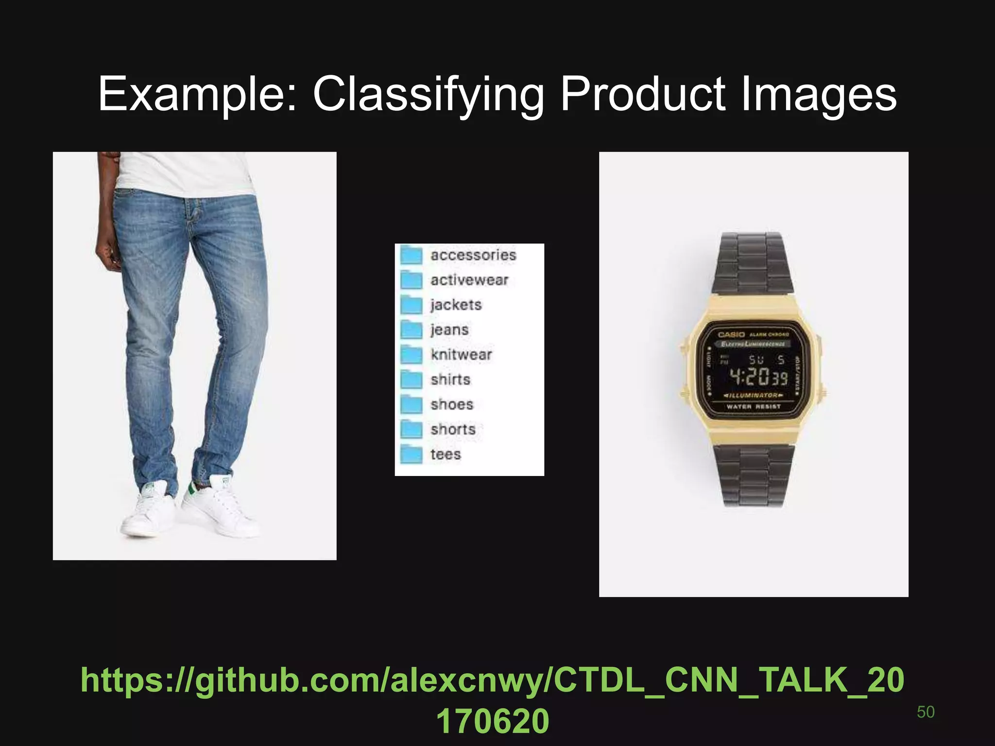 Example: Classifying Product Images 50 https://github.com/alexcnwy/CTDL_CNN_TALK_20 170620 