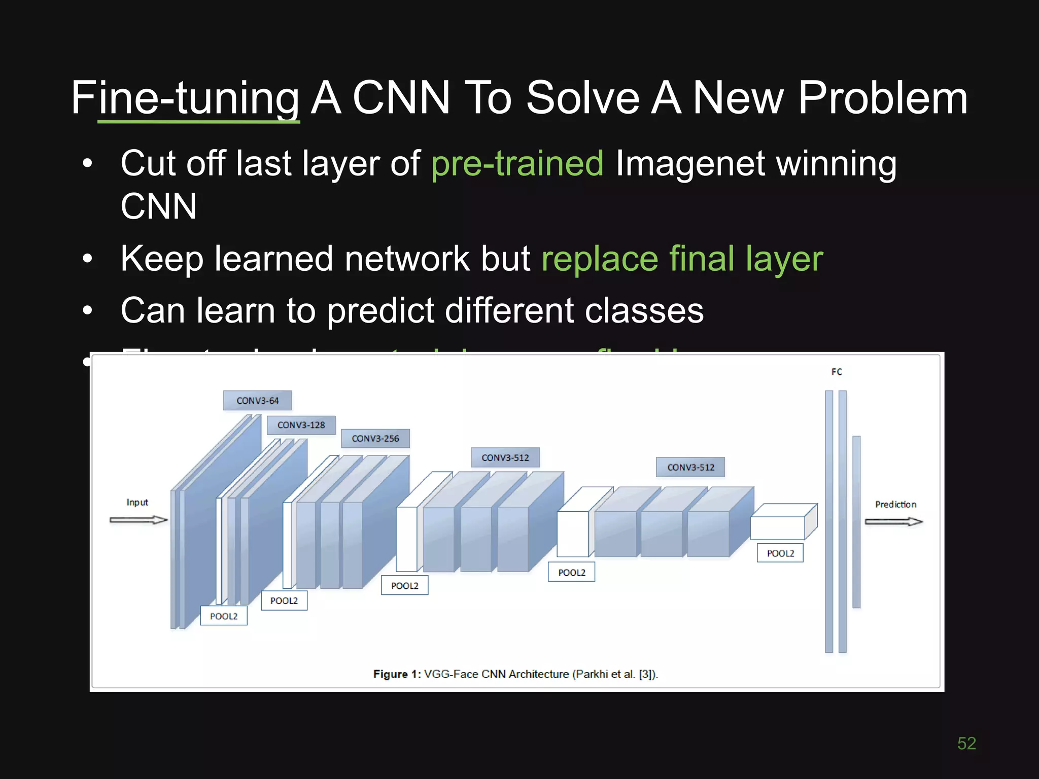 Fine-tuning A CNN To Solve A New Problem • Cut off last layer of pre-trained Imagenet winning CNN • Keep learned network but replace final layer • Can learn to predict different classes • Fine-tuning is re-training new final layer 52 