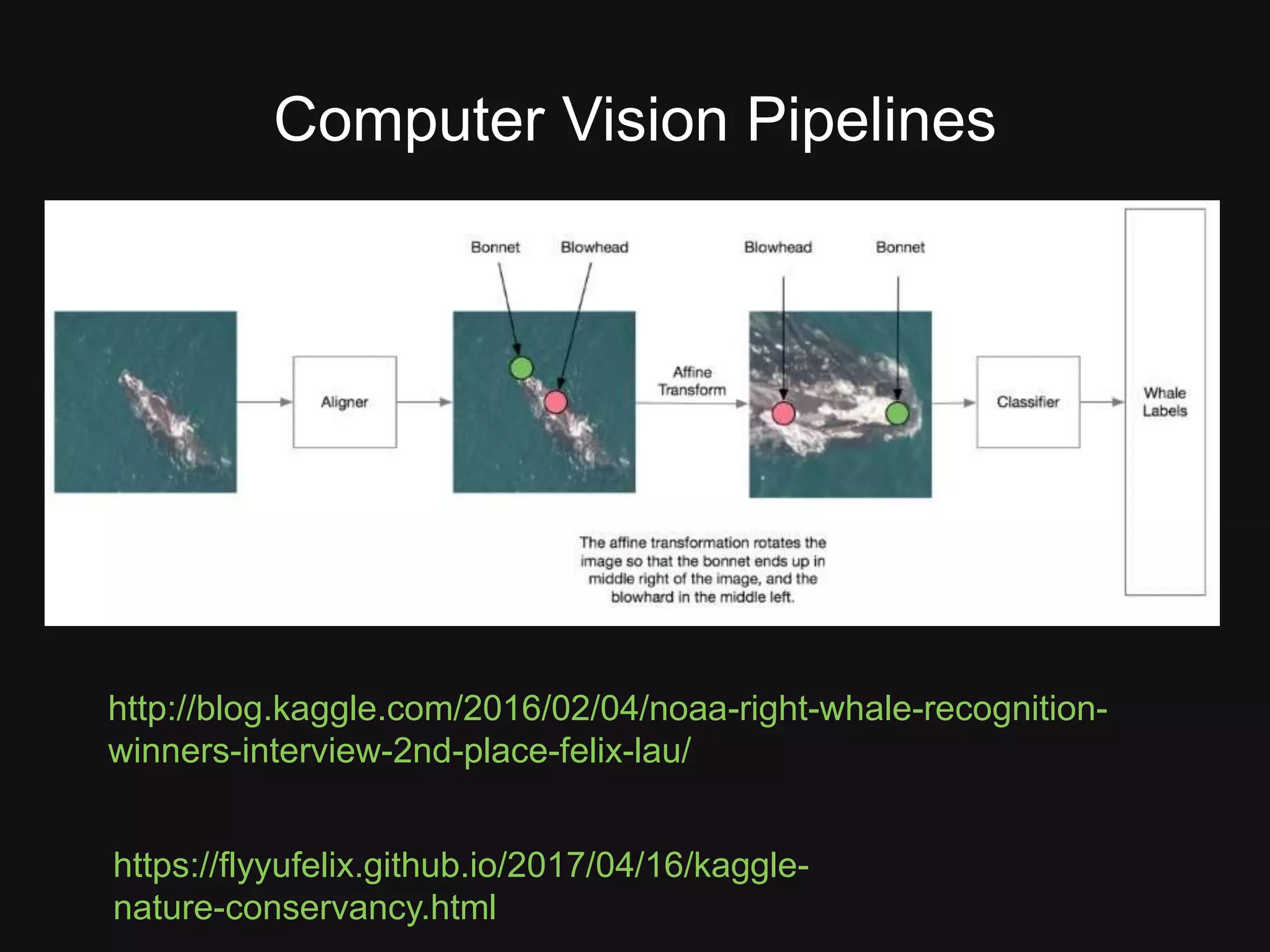 http://blog.kaggle.com/2016/02/04/noaa-right-whale-recognition- winners-interview-2nd-place-felix-lau/ Computer Vision Pipelines https://flyyufelix.github.io/2017/04/16/kaggle- nature-conservancy.html 