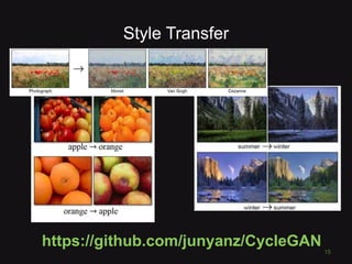 Style Transfer
https://github.com/junyanz/CycleGAN
15
 