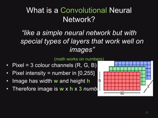 What is a Convolutional Neural
Network?
27
“like a simple neural network but with
special types of layers that work well on
images”
(math works on numbers)
• Pixel = 3 colour channels (R, G, B)
• Pixel intensity = number in [0,255]
• Image has width w and height h
• Therefore image is w x h x 3 numbers
 