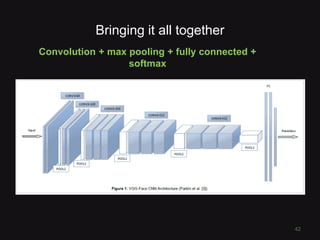 Bringing it all together
42
Convolution + max pooling + fully connected +
softmax
 