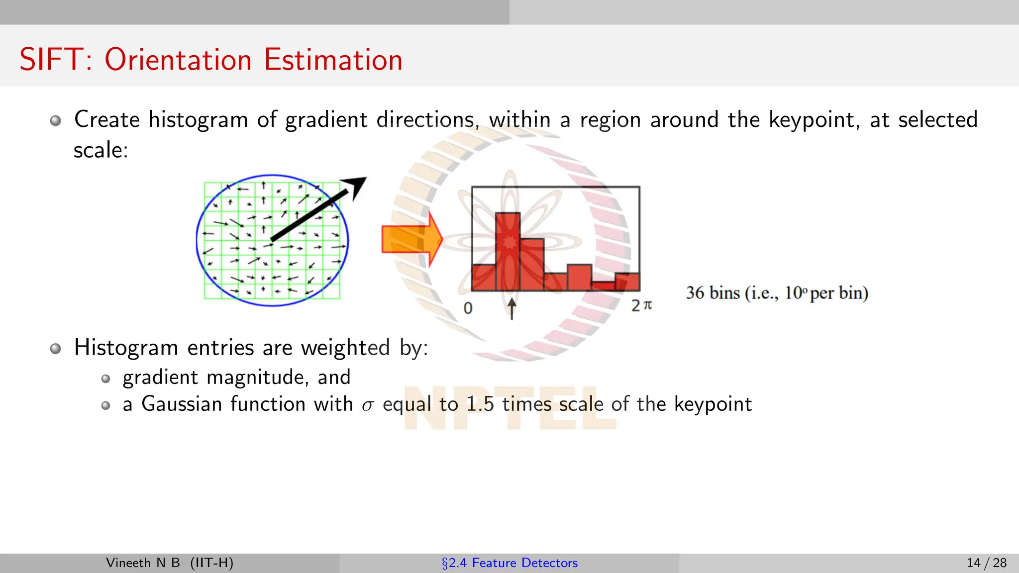 SIFT: Orientation Estimation
Create histogram of gradient directions, within a region around the keypoint, at selected
scale:
Histogram entries are weighted by:
gradient magnitude, and
a Gaussian function with σ equal to 1.5 times scale of the keypoint
Vineeth N B (IIT-H) §2.4 Feature Detectors 14 / 28
 