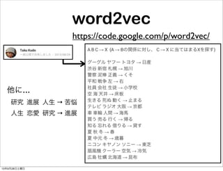 word2vec
https://code.google.com/p/word2vec/
研究 進展 人生 → 苦悩
人生 恋愛 研究 → 進展
他に...
13年9月28日土曜日
 