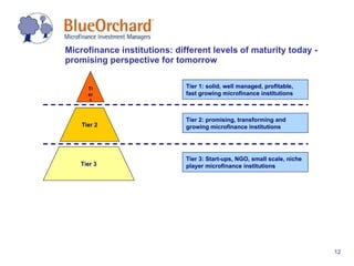 Microfinance institutions: different levels of maturity today - promising perspective for tomorrow Tier1 Tier 2 Tier 3 Tier 1: solid, well managed, profitable, fast growing microfinance institutions Tier 2: promising, transforming and growing microfinance institutions Tier 3: Start-ups, NGO, small scale, niche player microfinance institutions 