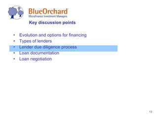 Evolution and options for financing Types of lenders Lender due diligence process Loan documentation Loan negotiation Key discussion points 