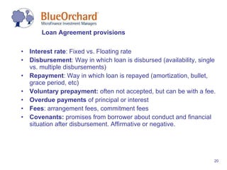 Interest rate : Fixed vs. Floating rate Disbursement : Way in which loan is disbursed (availability, single vs. multiple disbursements) Repayment :  Way in which loan is repayed (amortization, bullet, grace period, etc) Voluntary prepayment:  often not accepted, but can be with a fee. Overdue payments  of principal or interest Fees : arrangement fees, commitment fees  Covenants:  promises from borrower about conduct and financial situation after disbursement. Affirmative or negative. Loan Agreement provisions 