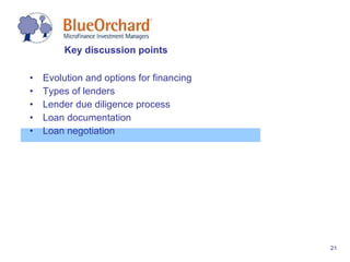 Evolution and options for financing Types of lenders Lender due diligence process Loan documentation Loan negotiation Key discussion points 