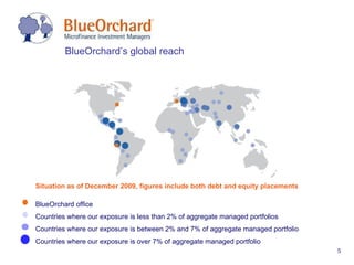 Situation as of December 2009, figures include both debt and equity placements BlueOrchard office Countries where our exposure is less than 2% of aggregate managed portfolios Countries where our exposure is between 2% and 7% of aggregate managed portfolio Countries where our exposure is over 7% of aggregate managed portfolio BlueOrchard’s global reach 