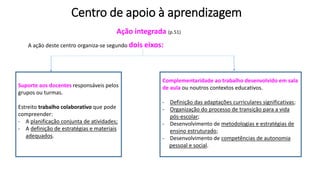Centro de apoio à aprendizagem
Ação integrada (p.51)
A ação deste centro organiza-se segundo dois eixos:
Suporte aos docentes responsáveis pelos
grupos ou turmas.
Estreito trabalho colaborativo que pode
compreender:
- A planificação conjunta de atividades;
- A definição de estratégias e materiais
adequados.
Complementaridade ao trabalho desenvolvido em sala
de aula ou noutros contextos educativos.
- Definição das adaptações curriculares significativas;
- Organização do processo de transição para a vida
pós-escolar;
- Desenvolvimento de metodologias e estratégias de
ensino estruturado;
- Desenvolvimento de competências de autonomia
pessoal e social.
 