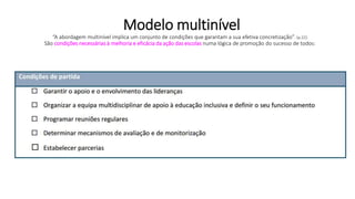 Modelo multinível
“A abordagem multinível implica um conjunto de condições que garantam a sua efetiva concretização”. (p.22)
São condições necessárias à melhoria e eficácia da ação das escolas numa lógica de promoção do sucesso de todos:
 