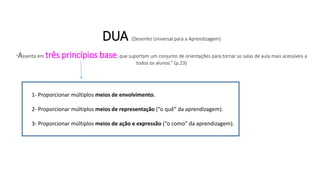 DUA (Desenho Universal para a Aprendizagem)
“Assenta em três princípios base, que suportam um conjunto de orientações para tornar as salas de aula mais acessíveis a
todos os alunos.” (p.23)
1- Proporcionar múltiplos meios de envolvimento.
2- Proporcionar múltiplos meios de representação (“o quê” da aprendizagem).
3- Proporcionar múltiplos meios de ação e expressão (“o como” da aprendizagem).
 