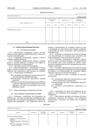 1018-(24)                                                             DIÁRIO DA REPÚBLICA — I SÉRIE-A                                                          N.o 44 — 22-2-1999

                                                                                           Operações de tesouraria
                                                                                                                                                                       Ano
(Designação da autarquia local.)
                                                                                                                                                                          (Unidade: escudos)

                                                                                                               Saldo da gerência                                         Saldo para a
                                                                                                                                         Movimento anual
                                                                                                                   anterior                                            gerência seguinte

                                  Código e designação das contas

                                                                                                            Devedor         Credor    Débito        Crédito       Devedor           Credor




Cobranças para terceiros . . . . . . . . . . . . . . . . . . . . . . . . . . . . . . . . . . . . .




                                                  Total . . . . . . . . . . . . . . . . . . . . . . . . .


                8 — Anexos às demonstrações financeiras                                                       balanço e demonstração de resultados, tendo em vista
                          8.1 — Caracterização da entidade
                                                                                                              a necessidade de estes darem uma imagem verdadeira
                                                                                                              e apropriada do activo, do passivo e dos resultados da
    8.1.1 — Identificação (designação, número de iden-                                                        autarquia local.
tificação fiscal, endereço, regime financeiro e outros ele-                                                      8.2.2 — Indicação e comentário das contas do balanço
mentos de identificação).                                                                                     e da demonstração de resultados cujos conteúdos não
    8.1.2 — Legislação (constituição, orgânica e funcio-                                                      sejam comparáveis com os do exercício anterior.
namento, quando aplicável).                                                                                      8.2.3 — Critérios valorimétricos utilizados relativa-
    8.1.3 — Estrutura organizacional efectiva (organo-                                                        mente às várias rubricas do balanço e da demonstração
grama e, quando aplicável, a indicação dos órgãos de                                                          de resultados, bem como métodos de cálculo respei-
natureza consultiva e de fiscalização).                                                                       tantes aos ajustamentos de valor, designadamente amor-
    8.1.4 — Descrição sumária das actividades.                                                                tizações e provisões.
    8.1.5 — Recursos humanos — identificação do presi-                                                           8.2.4 — Cotações utilizadas para conversão em moeda
dente e demais membros do órgão executivo e, quando                                                           portuguesa das operações registadas em contas incluídas
aplicável, dos responsáveis pela direcção da entidade.                                                        no balanço e na demonstração de resultados origina-
    8.1.6 — Organização contabilística:                                                                       riamente expressas em moeda estrangeira.
        Breve descrição das principais características do sis-                                                   8.2.5 — Situações em que o resultado do exercício
          tema informático utilizado/existente;                                                               foi afectado:
        Demonstrações financeiras intervalares, quando                                                                 Por valorimetrias diferentes das previstas no capí-
          existirem;                                                                                                     tulo 4 «Critérios de valorimetria»;
        Existência ou não de descentralização contabilística                                                           Por amortizações do activo imobilizado superiores
          e, em caso afirmativo, breve descrição do sistema                                                              às adequadas;
          utilizado e do modo de articulação com a con-                                                                Por provisões extraordinárias respeitantes ao
          tabilidade central.                                                                                            activo.
    8.1.7 — Outra informação considerada relevante.
                                                                                                                 8.2.6 — Comentário às contas 431 «Despesas de ins-
          8.2 — Notas ao balanço e à demonstração de resultados
                                                                                                              talação» e 432 «Despesas de investigação e de desen-
                                                                                                              volvimento».
  8.2.1 — Indicação e justificação das disposições do                                                            8.2.7 — Movimentos ocorridos nas rubricas do activo
POCAL que, em casos excepcionais devidamente fun-                                                             imobilizado constantes do balanço e nas respectivas
damentados e sem prejuízo do legalmente estabelecido,                                                         amortizações e provisões, de acordo com os quadros
tenham sido derrogadas e dos respectivos efeitos no                                                           seguintes:
                                                                                                     Activo bruto
                                                                                                                                                                       Ano
(Designação da autarquia local.)
                                                                                                                                                                       (Unidade: 103 escudos)

                                                                                             Reavaliação/                                             Transferências
                        Rubricas                                  Saldo inicial                                       Aumentos       Alienações                                Saldo final
                                                                                             ajustamento                                                 e abates


De bens de domínio público:
       Terrenos e recursos naturais . . . .
       Edifícios . . . . . . . . . . . . . . . . . . . . .
       Outras construções e infra-estru-
         turas . . . . . . . . . . . . . . . . . . . . . .
       Bens do património histórico,
         artístico e cultural . . . . . . . . . . .
 