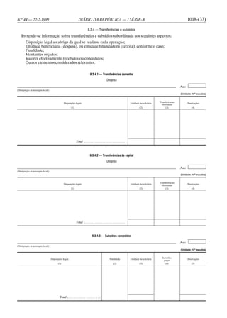 N.o 44 — 22-2-1999                                                DIÁRIO DA REPÚBLICA — I SÉRIE-A                                                                             1018-(33)

                                                                             8.3.4 — Transferências e subsídios

    Pretende-se informação sobre transferências e subsídios subordinada aos seguintes aspectos:
        Disposição legal ao abrigo da qual se realizou cada operação;
        Entidade beneficiária (despesa), ou entidade financiadora (receita), conforme o caso;
        Finalidade;
        Montantes orçados;
        Valores efectivamente recebidos ou concedidos;
        Outros elementos considerados relevantes.


                                                                                8.3.4.1 — Transferências correntes
                                                                                                    Despesa

                                                                                                                                                                        Ano
(Designação da autarquia local.)
                                                                                                                                                                        (Unidade: 103 escudos)


                                                                                                                                                       Transferências
                                                Disposições legais                                                             Entidade beneficiária                          Observações
                                                                                                                                                         efectuadas
                                                         (1)                                                                            (2)                  (3)                  (4)




                                                               Total . . . . . . . . . . . . . . . . . . . . . . . . . . . .



                                                                                8.3.4.2 — Transferências de capital
                                                                                                    Despesa

                                                                                                                                                                        Ano
(Designação da autarquia local.)
                                                                                                                                                                        (Unidade: 103 escudos)


                                                                                                                                                       Transferências
                                                Disposições legais                                                             Entidade beneficiária                          Observações
                                                                                                                                                         efectuadas
                                                         (1)                                                                            (2)                  (3)                  (4)




                                                               Total . . . . . . . . . . . . . . . . . . . . . . . . . . . .



                                                                                   8.3.4.3 — Subsídios concedidos

                                                                                                                                                                        Ano
(Designação da autarquia local.)
                                                                                                                                                                        (Unidade: 103 escudos)


                                                                                                                                                         Subsídios
                                   Disposições legais                                                  Finalidade              Entidade beneficiária                          Observações
                                                                                                                                                          pagos
                                          (1)                                                               (2)                         (3)                 (4)                   (5)




                                            Total . . . . . . . . . . . . . . . . . . . . . .
 