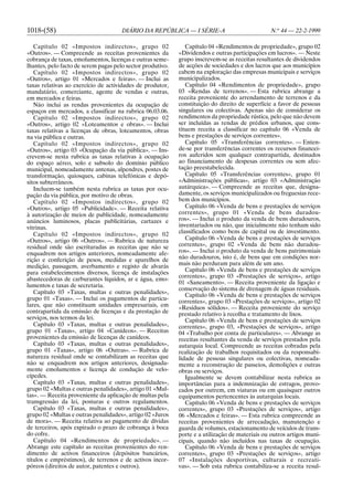 1018-(58)                             DIÁRIO DA REPÚBLICA — I SÉRIE-A                            N.o 44 — 22-2-1999

   Capítulo 02 «Impostos indirectos», grupo 02                 Capítulo 04 «Rendimentos de propriedade», grupo 02
«Outros». — Compreende as receitas provenientes da          «Dividendos e outras participações em lucros». — Neste
cobrança de taxas, emolumentos, licenças e outras seme-     grupo inscrevem-se as receitas resultantes de dividendos
lhantes, pelo facto de serem pagas pelo sector produtivo.   de acções de sociedades e dos lucros que aos municípios
   Capítulo 02 «Impostos indirectos», grupo 02              cabem na exploração das empresas municipais e serviços
«Outros», artigo 01 «Mercados e feiras». — Inclui as        municipalizados.
taxas relativas ao exercício de actividades de produtor,       Capítulo 04 «Rendimentos de propriedade», grupo
mandatário, comerciante, agente de vendas e outras,         03 «Rendas de terrenos». — Esta rubrica abrange a
em mercados e feiras.                                       receita proveniente do arrendamento de terrenos e da
   Não inclui as rendas provenientes da ocupação de         constituição do direito de superfície a favor de pessoas
espaços em mercados, a classificar na rubrica 06.03.06.     singulares ou colectivas. Apenas são de considerar os
   Capítulo 02 «Impostos indirectos», grupo 02              rendimentos da propriedade rústica, pelo que não devem
«Outros», artigo 02 «Loteamentos e obras». — Inclui         ser incluídas as rendas de prédios urbanos, que cons-
taxas relativas a licenças de obras, loteamentos, obras     tituem receita a classificar no capítulo 06 «Venda de
na via pública e outras.                                    bens e prestações de serviços correntes».
   Capítulo 02 «Impostos indirectos», grupo 02                 Capítulo 05 «Transferências correntes». — Enten-
«Outros», artigo 03 «Ocupação da via pública». — Ins-       de-se por transferências correntes os recursos financei-
crevem-se nesta rubrica as taxas relativas à ocupação       ros auferidos sem qualquer contrapartida, destinados
do espaço aéreo, solo e subsolo do domínio público          ao financiamento de despesas correntes ou sem afec-
municipal, nomeadamente antenas, alpendres, postes de       tação preestabelecida.
transformação, quiosques, cabinas telefónicas e depó-          Capítulo 05 «Transferências correntes», grupo 01
sitos subterrâneos.                                         «Administrações públicas», artigo 03 «Administração
   Incluem-se também nesta rubrica as taxas por ocu-        autárquica». — Compreende as receitas que, designa-
pação da via pública, por motivo de obras.                  damente, os serviços municipalizados ou freguesias rece-
   Capítulo 02 «Impostos indirectos», grupo 02              bem dos municípios.
«Outros», artigo 05 «Publicidade». — Receita relativa          Capítulo 06 «Venda de bens e prestações de serviços
à autorização de meios de publicidade, nomeadamente         correntes», grupo 01 «Venda de bens duradou-
anúncios luminosos, placas publicitárias, cartazes e        ros». — Inclui o produto da venda de bens duradouros,
vitrinas.                                                   inventariados ou não, que inicialmente não tenham sido
   Capítulo 02 «Impostos indirectos», grupo 02              classificados como bens de capital ou de investimento.
«Outros», artigo 06 «Outros». — Rubrica de natureza            Capítulo 06 «Venda de bens e prestações de serviços
residual onde são escrituradas as receitas que não se       correntes», grupo 02 «Venda de bens não duradou-
enquadrem nos artigos anteriores, nomeadamente afe-         ros». — Inclui o produto da venda de bens patrimoniais
rição e conferição de pesos, medidas e aparelhos de         não duradouros, isto é, de bens que em condições nor-
medição, passagem, averbamento e registo de alvarás         mais não perduram para além de um ano.
para estabelecimentos diversos, licença de instalações         Capítulo 06 «Venda de bens e prestações de serviços
abastecedoras de carburantes líquidos, ar e água, emo-      correntes», grupo 03 «Prestações de serviços», artigo
                                                            01 «Saneamento». — Receita proveniente da ligação e
lumentos e taxas de secretaria.
                                                            conservação do sistema de drenagem de águas residuais.
   Capítulo 03 «Taxas, multas e outras penalidades»,
                                                               Capítulo 06 «Venda de bens e prestações de serviços
grupo 01 «Taxas». — Inclui os pagamentos de particu-        correntes», grupo 03 «Prestações de serviços», artigo 02
lares, que não constituam unidades empresariais, em         «Resíduos sólidos». — Receita proveniente do serviço
contrapartida da emissão de licenças e da prestação de      prestado relativo à recolha e tratamento de lixos.
serviços, nos termos da lei.                                   Capítulo 06 «Venda de bens e prestações de serviços
   Capítulo 03 «Taxas, multas e outras penalidades»,        correntes», grupo 03, «Prestações de serviços», artigo
grupo 01 «Taxas», artigo 04 «Canídeos». — Receitas          04 «Trabalho por conta de particulares». — Abrange as
provenientes da emissão de licenças de canídeos.            receitas resultantes da venda de serviços prestados pela
   Capítulo 03 «Taxas, multas e outras penalidades»,        autarquia local. Compreende as receitas cobradas pela
grupo 01 «Taxas», artigo 06 «Outras». — Rubrica de          realização de trabalhos requisitados ou da responsabi-
natureza residual onde se contabilizam as receitas que      lidade de pessoas singulares ou colectivas, nomeada-
não se enquadrem nos artigos anteriores, designada-         mente a reconstrução de passeios, demolições e outras
mente emolumentos e licença de condução de velo-            obras ou serviços.
cípedes.                                                       Igualmente se devem contabilizar nesta rubrica as
   Capítulo 03 «Taxas, multas e outras penalidades»,        importâncias para a indemnização de estragos, provo-
grupo 02 «Multas e outras penalidades», artigo 01 «Mul-     cados por outrem, em viaturas ou em quaisquer outros
tas». — Receita proveniente da aplicação de multas pela     equipamentos pertencentes às autarquias locais.
transgressão da lei, posturas e outros regulamentos.           Capítulo 06 «Venda de bens e prestações de serviços
   Capítulo 03 «Taxas, multas e outras penalidades»,        correntes», grupo 03 «Prestações de serviços», artigo
grupo 02 «Multas e outras penalidades», artigo 02 «Juros    06 «Mercados e feiras». — Esta rubrica compreende as
de mora». — Receita relativa ao pagamento de dívidas        receitas provenientes de arrecadação, manutenção e
de terceiros, após expirado o prazo de cobrança à boca      guarda de volumes, estacionamento de veículos de trans-
do cofre.                                                   porte e a utilização de materiais ou outros artigos muni-
   Capítulo 04 «Rendimentos de propriedade». —              cipais, quando não incluídos nas taxas de ocupação.
Abrange este capítulo as receitas provenientes do ren-         Capítulo 06 «Venda de bens e prestações de serviços
dimento de activos financeiros (depósitos bancários,        correntes», grupo 03 «Prestações de serviços», artigo
títulos e empréstimos), de terrenos e de activos incor-     07 «Instalações desportivas, culturais e recreati-
póreos (direitos de autor, patentes e outros).              vas». — Sob esta rubrica contabiliza-se a receita resul-
 