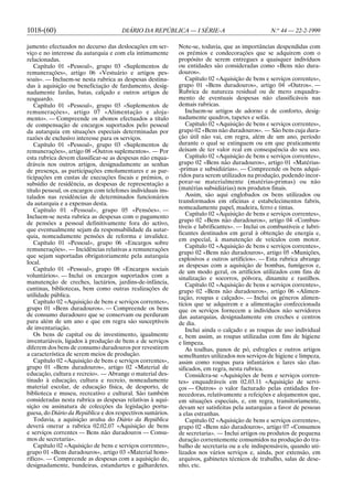 1018-(60)                             DIÁRIO DA REPÚBLICA — I SÉRIE-A                             N.o 44 — 22-2-1999

jamento efectuados no decurso das deslocações em ser-        Note-se, todavia, que as importâncias despendidas com
viço e no interesse da autarquia e com ela intimamente       os prémios e condecorações que se adquirem com o
relacionadas.                                                propósito de serem entregues a quaisquer indivíduos
   Capítulo 01 «Pessoal», grupo 03 «Suplementos de           ou entidades são consideradas como «Bens não dura-
remunerações», artigo 06 «Vestuário e artigos pes-           douros».
soais». — Incluem-se nesta rubrica as despesas destina-         Capítulo 02 «Aquisição de bens e serviços correntes»,
das à aquisição ou beneficiação de fardamento, desig-        grupo 01 «Bens duradouros», artigo 04 «Outros». —
nadamente fardas, batas, calçado e outros artigos de         Rubrica de natureza residual ou de mero enquadra-
resguardo.                                                   mento de eventuais despesas não classificáveis nas
   Capítulo 01 «Pessoal», grupo 03 «Suplementos de           demais rubricas.
remunerações», artigo 07 «Alimentação e aloja-                  Incluem-se artigos de adorno e de conforto, desig-
mento». — Compreende os abonos efectuados a título           nadamente quadros, tapetes e sofás.
de compensação de encargos suportados pelo pessoal              Capítulo 02 «Aquisição de bens e serviços correntes»,
da autarquia em situações especiais determinadas por         grupo 02 «Bens não duradouros». — São bens cuja dura-
razões de exclusivo interesse para os serviços.              ção útil não vai, em regra, além de um ano, período
   Capítulo 01 «Pessoal», grupo 03 «Suplementos de           durante o qual se extinguem ou em que praticamente
remunerações», artigo 08 «Outros suplementos». — Por         deixam de ter valor real em consequência do seu uso.
esta rubrica devem classificar-se as despesas não enqua-        Capítulo 02 «Aquisição de bens e serviços correntes»,
dráveis nos outros artigos, designadamente as senhas         grupo 02 «Bens não duradouros», artigo 01 «Matérias-
de presença, as participações emolumentares e as par-        -primas e subsidiárias». — Compreende os bens adqui-
ticipações em custas de execuções fiscais e prémios, o       ridos para serem utilizados na produção, podendo incor-
subsídio de residência, as despesas de representação a       porar-se materialmente (matérias-primas) ou não
título pessoal, os encargos com telefones individuais ins-   (matérias subsidiárias) nos produtos finais.
talados nas residências de determinados funcionários            Assim, são aqui englobados os bens utilizados ou
da autarquia e a expensas desta.                             transformados em oficinas e estabelecimentos fabris,
   Capítulo 01 «Pessoal», grupo 05 «Pensões». —              nomeadamente papel, madeira, ferro e tintas.
Incluem-se nesta rubrica as despesas com o pagamento            Capítulo 02 «Aquisição de bens e serviços correntes»,
de pensões a pessoal definitivamente fora do activo,         grupo 02 «Bens não duradouros», artigo 04 «Combus-
                                                             tíveis e lubrificantes». — Inclui os combustíveis e lubri-
que eventualmente sejam da responsabilidade da autar-
                                                             ficantes destinados em geral à obtenção de energia e,
quia, nomeadamente pensões de reforma e invalidez.
                                                             em especial, à manutenção de veículos com motor.
   Capítulo 01 «Pessoal», grupo 06 «Encargos sobre
                                                                Capítulo 02 «Aquisição de bens e serviços correntes»,
remunerações». — Incidências relativas a remunerações
                                                             grupo 02 «Bens não duradouros», artigo 05 «Munições,
que sejam suportadas obrigatoriamente pela autarquia
                                                             explosivos e outros artifícios». — Esta rubrica abrange
local.
                                                             as despesas com a aquisição de bombas, fumígeros e,
   Capítulo 01 «Pessoal», grupo 08 «Encargos sociais         de um modo geral, os artifícios utilizados com fins de
voluntários». — Inclui os encargos suportados com a          sinalização e socorros, pólvora, dinamite e rastilhos.
manutenção de creches, lactários, jardins-de-infância,          Capítulo 02 «Aquisição de bens e serviços correntes»,
cantinas, bibliotecas, bem como outras realizações de        grupo 02 «Bens não duradouros», artigo 06 «Alimen-
utilidade pública.                                           tação, roupas e calçado». — Inclui os géneros alimen-
   Capítulo 02 «Aquisição de bens e serviços correntes»,     tícios que se adquirem e a alimentação confeccionada
grupo 01 «Bens duradouros». — Compreende os bens             que os serviços fornecem a indivíduos não servidores
de consumo duradouro que se conservam ou perduram            das autarquias, designadamente em creches e centros
para além de um ano e que em regra são susceptíveis          de dia.
de inventariação.                                               Inclui ainda o calçado e as roupas de uso individual
   Os bens de capital ou de investimento, igualmente         e, bem assim, as roupas utilizadas com fins de higiene
inventariáveis, ligados à produção de bens e de serviços     e limpeza.
diferem dos bens de consumo duradouros por revestirem           As toalhas, panos de pó, esfregões e outros artigos
a característica de serem meios de produção.                 semelhantes utilizados nos serviços de higiene e limpeza,
   Capítulo 02 «Aquisição de bens e serviços correntes»,     assim como roupas para infantários e lares são clas-
grupo 01 «Bens duradouros», artigo 02 «Material de           sificados, em regra, nesta rubrica.
educação, cultura e recreio». — Abrange o material des-         Considera-se «Aquisições de bens e serviços corren-
tinado à educação, cultura e recreio, nomeadamente           tes» enquadráveis em 02.03.11 «Aquisição de servi-
material escolar, de educação física, de desporto, de        ços — Outros» o valor facturado pelas entidades for-
biblioteca e museu, recreativo e cultural. São também        necedoras, relativamente a refeições e alojamentos que,
consideradas nesta rubrica as despesas relativas à aqui-     em situações especiais, e, em regra, transitoriamente,
sição ou assinatura de colecções da legislação portu-        devam ser satisfeitas pela autarquias a favor de pessoas
guesa, do Diário da República e dos respectivos sumários.    a elas estranhas.
   Todavia, a aquisição avulsa do Diário da República           Capítulo 02 «Aquisição de bens e serviços correntes»,
deverá onerar a rubrica 02.02.07 «Aquisição de bens          grupo 02 «Bens não duradouros», artigo 07 «Consumos
e serviços correntes — Bens não duradouros — Consu-          de secretaria». — Inclui artigos ou produtos de pequena
mos de secretaria».                                          duração correntemente consumidos na produção do tra-
   Capítulo 02 «Aquisição de bens e serviços correntes»,     balho de secretaria ou a ele indispensáveis, quando uti-
grupo 01 «Bens duradouros», artigo 03 «Material hono-        lizados nos vários serviços e, ainda, por extensão, em
rífico». — Compreende as despesas com a aquisição de,        arquivos, gabinetes técnicos de trabalho, salas de dese-
designadamente, bandeiras, estandartes e galhardetes.        nho, etc.
 