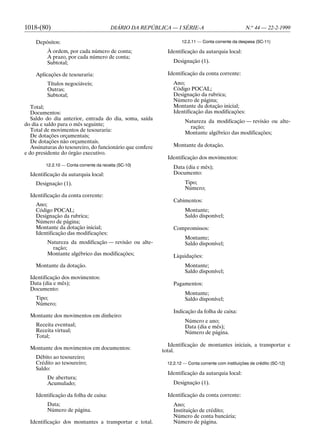 1018-(80)                                DIÁRIO DA REPÚBLICA — I SÉRIE-A                            N.o 44 — 22-2-1999

    Depósitos:                                                      12.2.11 — Conta corrente da despesa (SC-11)

         À ordem, por cada número de conta;                  Identificação da autarquia local:
         A prazo, por cada número de conta;
         Subtotal;                                              Designação (1).

    Aplicações de tesouraria:                                Identificação da conta corrente:
         Títulos negociáveis;                                   Ano;
         Outras;                                                Código POCAL;
         Subtotal;                                              Designação da rubrica;
                                                                Número de página;
   Total;                                                       Montante da dotação inicial;
   Documentos:                                                  Identificação das modificações:
   Saldo do dia anterior, entrada do dia, soma, saída
                                                                     Natureza da modificação — revisão ou alte-
do dia e saldo para o mês seguinte;
                                                                       ração;
   Total de movimentos de tesouraria:
                                                                     Montante algébrico das modificações;
   De dotações orçamentais;
   De dotações não orçamentais.
   Assinaturas do tesoureiro, do funcionário que confere        Montante da dotação.
e do presidente do órgão executivo.
                                                             Identificação dos movimentos:
         12.2.10 — Conta corrente da receita (SC-10)
                                                                Data (dia e mês);
  Identificação da autarquia local:                             Documento:
    Designação (1).                                                  Tipo;
                                                                     Número;
  Identificação da conta corrente:
                                                                Cabimentos:
    Ano;
    Código POCAL;                                                    Montante;
    Designação da rubrica;                                           Saldo disponível;
    Número de página;
    Montante da dotação inicial;                                Compromissos:
    Identificação das modificações:
                                                                     Montante;
         Natureza da modificação — revisão ou alte-                  Saldo disponível;
           ração;
         Montante algébrico das modificações;                   Liquidações:
    Montante da dotação.                                             Montante;
                                                                     Saldo disponível;
  Identificação dos movimentos:
  Data (dia e mês);                                             Pagamentos:
  Documento:
                                                                     Montante;
    Tipo;                                                            Saldo disponível;
    Número;
                                                                Indicação da folha de caixa:
  Montante dos movimentos em dinheiro:
                                                                     Número e ano;
    Receita eventual;                                                Data (dia e mês);
    Receita virtual;                                                 Número de página.
    Total;
                                                              Identificação de montantes iniciais, a transportar e
  Montante dos movimentos em documentos:                   total.
    Débito ao tesoureiro;
    Crédito ao tesoureiro;                                   12.2.12 — Conta corrente com instituições de crédito (SC-12)
    Saldo:
                                                             Identificação da autarquia local:
         De abertura;
         Acumulado;                                             Designação (1).

    Identificação da folha de caixa:                         Identificação da conta corrente:
         Data;                                                  Ano;
         Número de página.                                      Instituição de crédito;
                                                                Número de conta bancária;
  Identificação dos montantes a transportar e total.            Número de página.
 