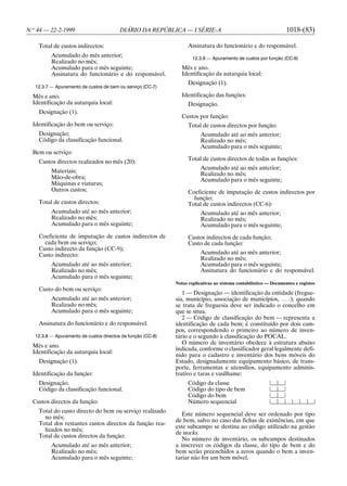 N.o 44 — 22-2-1999                       DIÁRIO DA REPÚBLICA — I SÉRIE-A                                           1018-(83)

    Total de custos indirectos:                                    Assinatura do funcionário e do responsável.
          Acumulado do mês anterior;                                 12.3.9 — Apuramento de custos por função (CC-9)
          Realizado no mês;
          Acumulado para o mês seguinte;                        Mês e ano.
          Assinatura do funcionário e do responsável.           Identificação da autarquia local:
                                                                   Designação (1).
   12.3.7 — Apuramento de custos de bem ou serviço (CC-7)

  Mês e ano.                                                    Identificação das funções:
  Identificação da autarquia local:                                Designação.
    Designação (1).
                                                                Custos por função:
  Identificação do bem ou serviço:                                 Total de custos directos por função:
    Designação;                                                          Acumulado até ao mês anterior;
    Código da classificação funcional.                                   Realizado no mês;
                                                                         Acumulado para o mês seguinte;
  Bem ou serviço:
    Custos directos realizados no mês (20):                        Total de custos directos de todas as funções:
                                                                         Acumulado até ao mês anterior;
          Materiais;                                                     Realizado no mês;
          Mão-de-obra;                                                   Acumulado para o mês seguinte;
          Máquinas e viaturas;
          Outros custos;                                           Coeficiente de imputação de custos indirectos por
                                                                     função;
    Total de custos directos:                                      Total de custos indirectos (CC-6):
          Acumulado até ao mês anterior;                                 Acumulado até ao mês anterior;
          Realizado no mês;                                              Realizado no mês;
          Acumulado para o mês seguinte;                                 Acumulado para o mês seguinte;
    Coeficiente de imputação de custos indirectos de               Custos indirectos de cada função;
      cada bem ou serviço;                                         Custo de cada função:
    Custo indirecto da função (CC-9);
    Custo indirecto:                                                     Acumulado até ao mês anterior;
                                                                         Realizado no mês;
          Acumulado até ao mês anterior;                                 Acumulado para o mês seguinte;
          Realizado no mês;                                              Assinatura do funcionário e do responsável.
          Acumulado para o mês seguinte;
                                                             Notas explicativas ao sistema contabilístico — Documentos e registos
    Custo do bem ou serviço:
                                                                1 — Designação — identificação da entidade (fregue-
          Acumulado até ao mês anterior;                     sia, município, associação de municípios, . . .); quando
          Realizado no mês;                                  se trata de freguesia deve ser indicado o concelho em
          Acumulado para o mês seguinte;                     que se situa.
                                                                2 — Código de classificação do bem — representa a
    Assinatura do funcionário e do responsável.              identificação de cada bem; é constituído por dois cam-
                                                             pos, correspondendo o primeiro ao número de inven-
   12.3.8 — Apuramento de custos directos da função (CC-8)   tário e o segundo à classificação do POCAL.
                                                                O número de inventário obedece à estrutura abaixo
  Mês e ano.
                                                             indicada, conforme o classificador geral legalmente defi-
  Identificação da autarquia local:
                                                             nido para o cadastro e inventário dos bens móveis do
    Designação (1).                                          Estado, designadamente equipamento básico, de trans-
                                                             porte, ferramentas e utensílios, equipamento adminis-
  Identificação da função:                                   trativo e taras e vasilhame:
    Designação.                                                    Código da classe
    Código da classificação funcional.                             Código do tipo de bem
                                                                   Código do bem
  Custos directos da função:                                       Número sequencial
    Total do custo directo do bem ou serviço realizado
                                                                Este número sequencial deve ser ordenado por tipo
      no mês;
                                                             de bem, salvo no caso das fichas de existências, em que
    Total dos restantes custos directos da função rea-
                                                             este subcampo se destina ao código utilizado na gestão
      lizados no mês;
                                                             de stocks.
    Total de custos directos da função:
                                                                No número de inventário, os subcampos destinados
          Acumulado até ao mês anterior;                     a inscrever os códigos da classe, do tipo de bem e do
          Realizado no mês;                                  bem serão preenchidos a zeros quando o bem a inven-
          Acumulado para o mês seguinte;                     tariar não for um bem móvel.
 