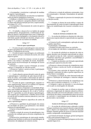 Diário da República, 1.ª série—N.º 129—6 de julho de 2018 2923
c) Acompanhar e monitorizar a aplicação de medidas
de suporte à aprendizagem;
d) Prestar aconselhamento aos docentes na implemen-
tação de práticas pedagógicas inclusivas;
e) Elaborar o relatório técnico-pedagógico previsto no
artigo 21.º e, se aplicável, o programa educativo individual
e o plano individual de transição previstos, respetivamente,
nos artigos 24.º e 25.º;
f) Acompanhar o funcionamento do centro de apoio à
aprendizagem.
9 — O trabalho a desenvolver no âmbito da equipa
multidisciplinar, designadamente a mobilização de me-
didas de suporte à aprendizagem bem como a elaboração
do relatório técnico-pedagógico e do programa educativo
individual, quando efetuado por docentes, integra a com-
ponente não letiva do seu horário de trabalho.
Artigo 13.º
Centro de apoio à aprendizagem
1 — O centro de apoio à aprendizagem é uma estrutura
de apoio agregadora dos recursos humanos e materiais, dos
saberes e competências da escola.
2 — O centro de apoio à aprendizagem, em colaboração
com os demais serviços e estruturas da escola, tem como
objetivos gerais:
a) Apoiar a inclusão das crianças e jovens no grupo/
turma e nas rotinas e atividades da escola, designada-
mente através da diversificação de estratégias de acesso
ao currículo;
b) Promover e apoiar o acesso à formação, ao ensino
superior e à integração na vida pós-escolar;
c) Promover e apoiar o acesso ao lazer, à participação
social e à vida autónoma.
3 — A ação educativa promovida pelo centro de apoio
à aprendizagem é subsidiária da ação desenvolvida na
turma do aluno, convocando a intervenção de todos os
agentes educativos, nomeadamente o docente de educação
especial.
4 — O centro de apoio à aprendizagem, enquanto re-
curso organizacional, insere-se no contínuo de respostas
educativas disponibilizadas pela escola.
5 — Para os alunos a frequentar a escolaridade obriga-
tória, cujas medidas adicionais de suporte à aprendizagem
sejam as previstas nas alíneas b), d) e e) do n.º 4 do ar-
tigo 10.º, é garantida, no centro de apoio à aprendizagem,
uma resposta que complemente o trabalho desenvolvido
em sala de aula ou noutros contextos educativos, com vista
à sua inclusão.
6 — Constituem objetivos específicos do centro de
apoio à aprendizagem:
a) Promover a qualidade da participação dos alunos
nas atividades da turma a que pertencem e nos demais
contextos de aprendizagem;
b)Apoiar os docentes do grupo ou turma a que os alunos
pertencem;
c) Apoiar a criação de recursos de aprendizagem e ins-
trumentos de avaliação para as diversas componentes do
currículo;
d) Desenvolver metodologias de intervenção interdis-
ciplinares que facilitem os processos de aprendizagem, de
autonomia e de adaptação ao contexto escolar;
e) Promover a criação de ambientes estruturados, ricos
em comunicação e interação, fomentadores da aprendi-
zagem;
f) Apoiar a organização do processo de transição para
a vida pós-escolar.
7 — Compete ao diretor da escola definir o espaço de
funcionamento do centro de apoio à aprendizagem numa
lógica de rentabilização dos recursos existentes na es-
cola.
Artigo 14.º
Escolas de referência no domínio da visão
1 — As escolas de referência no domínio da visão cons-
tituem uma resposta educativa especializada nas seguintes
áreas:
a) Literacia braille contemplando a aplicação de todas
as grafias específicas;
b) Orientação e mobilidade;
c) Produtos de apoio para acesso ao currículo;
d) Atividades da vida diária e competências sociais.
2 — As escolas de referência no domínio da visão in-
tegram docentes com formação especializada em educa-
ção especial na área da visão e possuem equipamentos
e materiais específicos que garantem a acessibilidade à
informação e ao currículo.
3 — Compete aos docentes com formação especializada
em educação especial na área da visão:
a) Promover o desenvolvimento de competências emer-
gentes da leitura e escrita em braille, na educação pré-
-escolar;
b) Lecionar a área curricular de literacia braille con-
templando a aplicação de todas as grafias específicas, no
ensino básico e secundário;
c) Assegurar a avaliação da visão funcional tendo por
objetivo a definição de estratégias e materiais adequa-
dos;
d) Promover o desenvolvimento de competências nas
áreas a que se referem as alíneas b), c) e d) do n.º 1;
e) Assegurar o apoio aos docentes e a sua articulação
com os pais ou encarregados de educação.
4 — Compete às escolas a que se referem os números
anteriores a organização de respostas educativas diferen-
ciadas, de acordo com níveis de educação e ensino e as ca-
racterísticas dos alunos, nomeadamente através do acesso
ao currículo e à participação nas atividades da escola,
promovendo a sua inclusão.
Artigo 15.º
Escolas de referência para a educação bilingue
1 — As escolas de referência para a educação e ensino
bilingue constituem uma resposta educativa especializada
com o objetivo de implementar o modelo de educação
bilingue, enquanto garante do acesso ao currículo nacional
comum, assegurando, nomeadamente:
a) O desenvolvimento da língua gestual portuguesa
(LGP) como primeira língua (L1);
b) O desenvolvimento da língua portuguesa escrita como
segunda língua (L2);
 