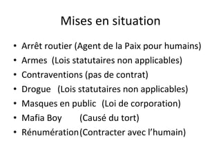 Mises en situation Arrêt routier (Agent de la Paix pour humains) Armes  (Lois statutaires non applicables) Contraventions (pas de contrat) Drogue (Lois statutaires non applicables) Masques en public (Loi de corporation) Mafia Boy (Causé du tort) Rénumération (Contracter avec l’humain) 
