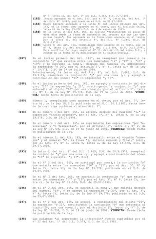 Nº 7, letra a), del Art. 1º del D.L. 3.443, D.O. 2.7.1980.
        (182) Inciso agregado en el Art. 163, por el Nº 7, letra b), del Art. 1º
                del D.L. Nº 3.443, publicado en el D.O. de 02.07.1980.
        (183) Nuevo párrafo agregado a la letra f) del inciso primero del Art.
                163, en la forma como aparece en el texto, por el artículo único,
                letra b) de la Ley 19.232, D.O. de 4 de agosto de 1993.
        (184)   En la letra i) del Art. 163, la oración "Transcurrido el plazo de
                diez días desde la fecha de concesión del recurso sin que las com-
                pulsas hayan", fue agregada en la forma como aparece en el texto,
                por la letra e), del artículo 8º, del D.L. Nº 1.244, (D.O. de
                8.11.1975).
        (185)   Letra j) del Art. 163, reemplazada como aparece en el texto, por el
                Nº 9, letra d), del artículo 8°, del D.L.1.604, (D.O. 3.12.1976).
                Esta modificación rige, según el Nº 11, del Art.15 del mismo D.L., a
                contar de la fecha de su publicación en el Diario Oficial.

(187)   En el inciso primero del Art. 165º, se reemplazó por comas(,) la
        conjunción y que existía entre los numerales 11 y 17 y       17 y
         19 ; y se suprimió la coma(,) después del numeral 19, agregándose
        la expresión y 20 , por el artículo 3º, Nº 4, letra A.- de la Ley
        Nº 19.578, D.O. de 29 de julio de 1998.
        Anteriormente, la letra c), del Art. 8º, del D.L. 2.869, D.O. de
        29.9.79, reemplazó la conjunción "y" por una coma (,) y agregó a
        continuación del número "11" lo siguiente: "y 17".

(188)   En el inciso primero del Art. 165, se agregó, a continuación del dí-
        gito 20 la expresión y 21 , sustituyendo la conjunción y que
        antecedía al dígito 20 por una coma(,), por el artículo 1º, letra
        o), Nº 1, de la Ley Nº 19.738, D.O. de 19 de junio de 2001. VIGEN-
        CIA: Desde fecha de publicación de la ley.

(189)   Número 1, reemplazado como aparece en el texto, por el Art. 3º, le-
        tra k), de la Ley 18.110, publicada en el D.O. 26.3.1982, fecha des-
        de la cual rige conforme al mismo Art. 3º.

(190)   En el número 1 del Art. 165, se agregó, después del guarismo "1," la
        expresión "inciso primero", por el Art. 3º, Nº 4, letra B, de la Ley
        19.578, D.O. de 29.07.1998.

(191)   En el número 1 del Art. 165, se suprimieron las expresiones por Te-
        sorerías y o Tesorerías , por el Artículo 1º, letra o), Nº 2, de
        la Ley Nº 19.738, D.O. de 19 de junio de 2001. VIGENCIA: Desde fecha
        de publicación de la ley.

(192)   En el número 2, del Art. 165, se intercaló, entre el vocablo "núme-
        ros" y el numeral "6", la frase "1, incisos segundo y final," (sic),
        por el Art. 3º, Nº 4, letra C, letra a, de la Ley 19.578, D.O. de
        29.07.1998.

(193)   La letra d) del Art. 8º del D.L. 2.869, D.O. de 29.9.1979, reemplazó
        la conjunción "y" por una coma (,) y agregó a continuación del núme-
        ro "10" lo siguiente, "y 17".(Sic)

(194)   En el Nº 2 del Art. 165, se sustituyó por coma(,) la conjunción y
        que existía entre los numerales 10 y 17 , por el Art. 3º, Nº 4,
        letra C), letra b), de la Ley Nº 19.578, publicada en el D.O. de
        29.07.1998.

(195)   En el Nº 2 del Art. 165, se suprimió la conjunción y que existía
        entre los numerales 17 y 19 , por el Art. 3º, Nº 4, letra C), le-
        tra c), de la Ley Nº 19.578, D.O. de 29.07.1998.

(196)   En el Nº 2 del Art. 165, se suprimió la coma(,) que existía después
        del numeral 19 , y se agregó la expresión y 20 , por el Art. 3º,
        Nº 4, letra C), letra d), de la Ley Nº 19.578, publicada en el D.O.
        de 29.07.1998.

(197)   En el Nº 2 del Art. 165, se agregó, a continuación del dígito 20 ,
        la expresión y 21 , sustituyendo la conjunción y que antecedía al
        dígito 20, por una coma(,), por el Artículo 1º, letra o), Nº 3, de
        la Ley Nº 19.738, D.O. de 19 de junio de 2001. VIGENCIA: Desde fecha
        de publicación de la ley.

(198)   Las palabras "al sorprender la infracción" fueron suprimidas por el
        Nº 22 del Art. 1º del D.L. 3.579, D.O. de 12.2.1981.
 