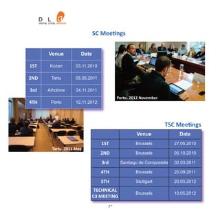 SC Meetings


      Venue           Date

1ST    Kozan        03.11.2010

2ND    Tartu        05.05.2011

3rd   Atholone      24.11.2011
                                        Porto. 2012 November
4TH    Porto        12.11.2012




                                                               TSC Meetings
                                                 Venue               Date
                                 1ST             Brussels          27.05.2010
        Tartu. 2011 May
                                 2ND             Brussels          05.10.2010

                                 3rd      Santiago de Compostela   02.03.2011

                                 4TH             Brussels          20.09.2011

                                 5TH             Stuttgart         20.03.2012

                              TECHNICAL
                                                 Brussels          10.05.2012
                             C3 MEETING
                                   17
 