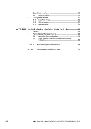 viii ABS GUIDE FOR ‘DYNAMIC LOADING APPROACH’ FOR FPSO INSTALLATIONS . 2010
9 Deep Girders and Webs ...................................................................50
9.1 Buckling Criteria.............................................................................50
11 Corrugated Bulkheads ......................................................................50
11.1 Local Plate Panels.........................................................................50
11.3 Unit Corrugation.............................................................................51
11.5 Overall Buckling.............................................................................51
APPENDIX 3 Nominal Design Corrosion Values (NDCV) for FPSOs...................... 52
1 General .............................................................................................52
3 Nominal Design Corrosion Values....................................................52
3.1 Double Hull Ship-type Installations ................................................52
3.3 Single Hull and Double Side Single Bottom Ship-type
Installations....................................................................................53
TABLE 1 Nominal Design Corrosion Values..........................................53
FIGURE 1 Nominal Design Corrosion Values..........................................52
 