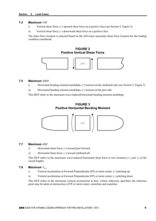 Section 2 Load Cases
ABS GUIDE FOR ‘DYNAMIC LOADING APPROACH’ FOR FPSO INSTALLATIONS . 2010 9
7.3 Maximum VSF
i) Vertical shear force, (+) upward shear force on a positive face (see Section 2, Figure 2)
ii) Vertical shear force, (–) downward shear force on a positive face
The shear force location is selected based on the still-water maximum shear force location for the loading
condition considered.
FIGURE 2
Positive Vertical Shear Force
(+)
7.5 Maximum HBM
i) Horizontal bending moment amidships, (+) tension on the starboard side (see Section 2, Figure 3)
ii) Horizontal bending moment amidships, (−) tension on the port side
This DLP refers to the maximum wave-induced horizontal bending moment amidships
FIGURE 3
Positive Horizontal Bending Moment
(+)
7.7 Maximum HSF
i) Horizontal shear force, (+) toward port forward
ii) Horizontal shear force, (–) toward starboard aft
This DLP refers to the maximum wave-induced horizontal shear force at two locations (1/4 and 3/4 of the
vessel length).
7.9 Maximum Vacc
i) Vertical acceleration at Forward Perpendicular (FP) or turret center, (+) pitching up
ii) Vertical acceleration at Forward Perpendicular (FP) or turret center, (–) pitching down
This DLP refers to the maximum vertical acceleration at bow. Unless otherwise specified, the reference
point may be taken at intersection of FP or turret center, centerline and waterline.
 