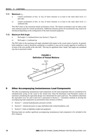 Section 2 Load Cases
10 ABS GUIDE FOR ‘DYNAMIC LOADING APPROACH’ FOR FPSO INSTALLATIONS . 2010
7.11 Maximum Lacc
i) Lateral acceleration at bow, in way of turret structure or at least to the main deck level, (+)
port side;
ii) Lateral acceleration at bow, in way of turret structure or at least to the main deck level, (–)
starboard side;
This DLP refers to the maximum lateral acceleration at bow. The lateral acceleration may be taken at the
same reference point for vertical acceleration. Additional reference points for accelerations may need to be
introduced depending on the configuration of the deck-mounted equipment.
7.13 Maximum Roll Angle
i) Roll angle, (+) starboard down (see Section 2, Figure 4)
ii) Roll angle, (–) starboard up
The DLP refers to the maximum roll angle calculated with respect to the vessel center of gravity. In general,
both conditions i) and ii) should be considered, as condition i) may not be exactly opposite to condition ii)
in terms of the wave profile at the side shell. This may be significant when ‘steady’ heel angles are considered
(say due to persistent winds).
FIGURE 4
Definition of Vessel Motions
heave
pitch
yaw
rollsway surge
9 Other Accompanying Instantaneous Load Components
The other accompanying instantaneous load components are the load components that are considered to be
simultaneously acting on the vessel at the instant time when the Dominant Load Parameter reaches its
maximum considering the equivalent design wave determined for each Load Case. The method to determine
the equivalent wave for each Load Case is presented in Section 5. Calculation methods to develop the
accompanying load components are presented in later sections as follows.
• Section 7 – external hydrodynamic pressures on hull,
• Section 8 – internal pressures at cargo and ballast tank wetted boundaries, and
• Section 9 –loads on lightship weight and equipment.
Mooring loads are another significant accompanying instantaneous load component to be included in the
DLA Analysis.
 