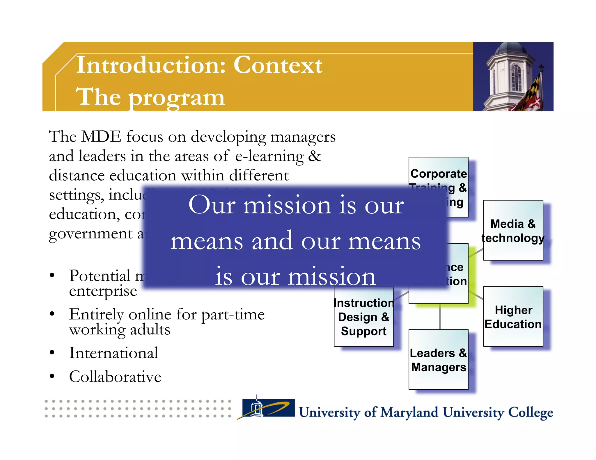 Introduction: Context
     The program
The MDE focus on developing managers
and leaders in the areas of e-learning &
distance education within different                   Corporate
                                                      Training &
settings, including: K-12, higher-
                     Our mission is our
education, corporate, non-profits,       Faculty
                                                       Learning
                                                                     Media &
government and military.
                   means and our means   Support                   technology


     Potential managers of the DE mission
                         is our                        Distance
•                                                     Education
     enterprise
                                        Instruction
•  Entirely online for part-time                                    Higher
                                         Design &
                                                                   Education
   working adults                         Support
•  International                                      Leaders &
                                                      Managers
•  Collaborative
 