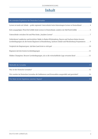 zU SA m m EN fA SSU N g


                                                    Inhalt

Die zentralen Ergebnisse des Deutschen Lernatlas                                                         4

Lernen ist mehr als Schule – große regionale Unterschiede beim lebenslangen Lernen in Deutschland        4

Kein ausgeprägtes West-Ost-Gefälle beim Lernen in Deutschland, sondern ein Süd-Nord-Gefälle              5

Unterschiede zwischen Ost und West beim „Sozialen Lernen“                                                7

Schlechteste Landkreise und kreisfreie Städte in Baden-Württemberg, Bayern und Sachsen bieten bessere
Lernbedingungen als die besten Regionen in Brandenburg, Sachsen-Anhalt und Mecklenburg-Vorpommern        9

Vergleich der Regionstypen: Auf dem Land lernt es sich gut!                                             10

Regionen mit den besten Lernbedingungen                                                                 11

Hidden Champions: Bessere Lernbedingungen, als es die wirtschaftliche Lage erwarten lässt!              11




Methodik des Lernatlas                                                                                  13

Was ist der Deutsche Lernatlas?                                                                         13

Wie wurden im Deutschen Lernatlas die Indikatoren und Kennzahlen ausgewählt und gewichtet?              16

Wie finde ich die Ergebnisse (m)einer Region?                                                           18




DE U T S C H E R L E R NAT LA S                                                                          3
 