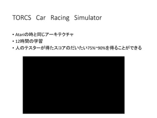 TORCS Car Racing Simulator
• Atariの時と同じアーキテクチャ
• 12時間の学習
• 人のテスターが得たスコアのだいたい75%~90%を得ることができる
 