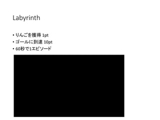 Labyrinth
• りんごを獲得 1pt
• ゴールに到達 10pt
• 60秒で1エピソード
 